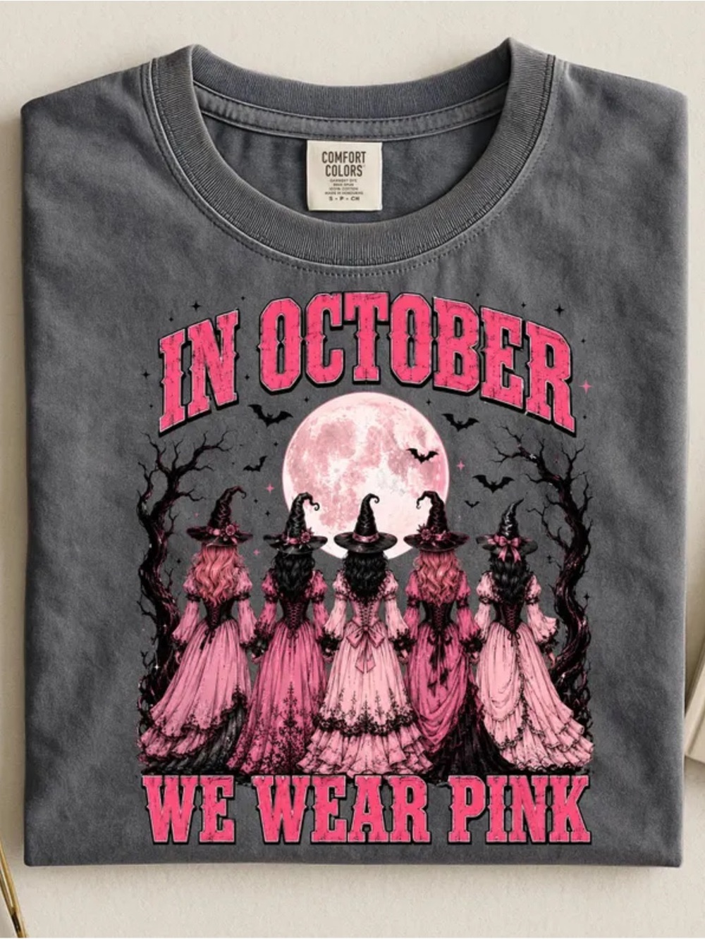 Comfort Colors Pepper Crewneck tshirt with Pink Halloween Graphic